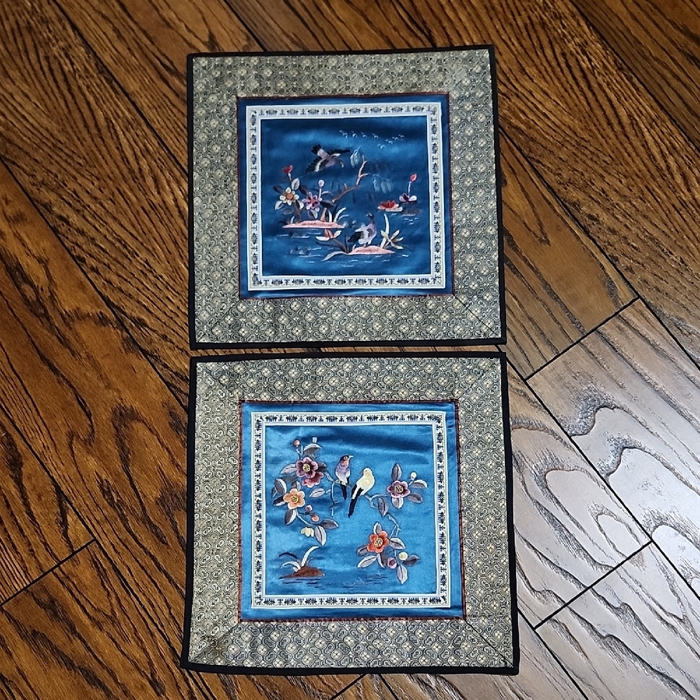 Vintage Chinese Hand-Embroidered Art Panels – Chinoiserie Wall Decor Set of 2 (1